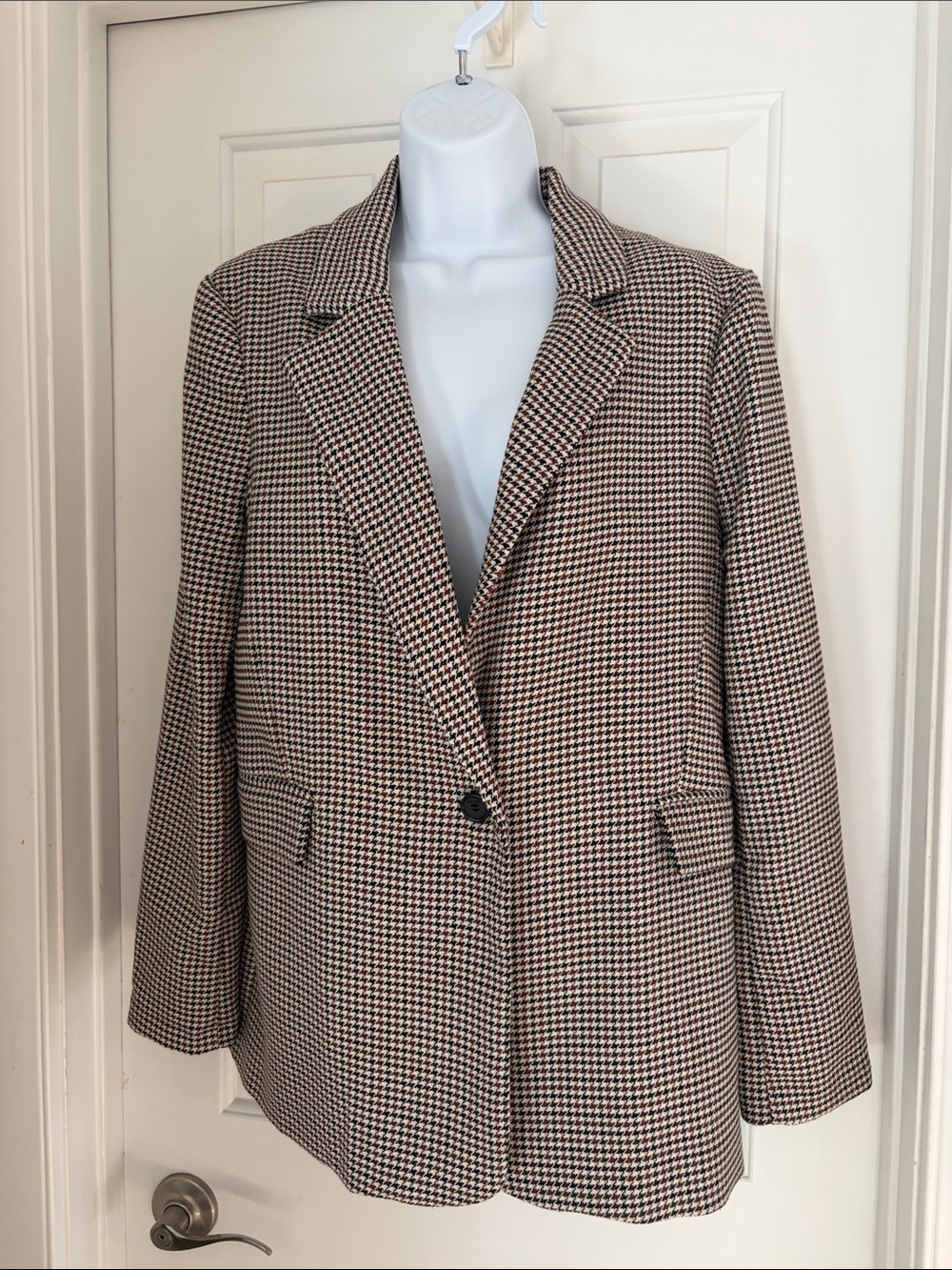 Women's Houndstooth Single-Button Blazer Jacket - Brown and Black